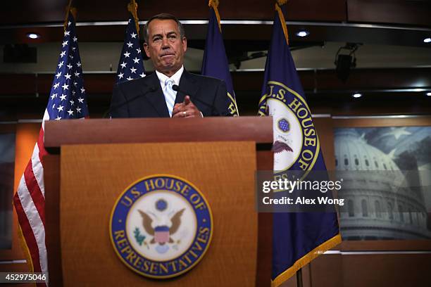 Speaker of the House Rep. John Boehner takes questions during a press briefing July 31, 2014 on Capitol Hill in Washington, DC. Boehner held his...