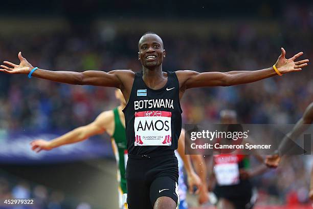 Nijel Amos of Botswana celebrates winning gold in the Men's 800 metres final at Hampden Park during day eight of the Glasgow 2014 Commonwealth Games...