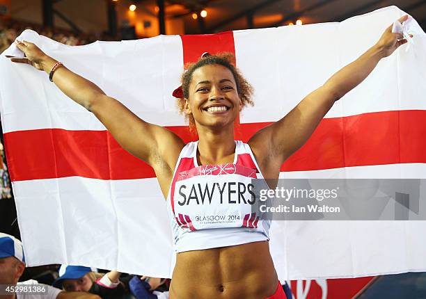 Silver medalist Jazmin Sawyers of England celebrates after the Women's Long Jump final at Hampden Park during day eight of the Glasgow 2014...