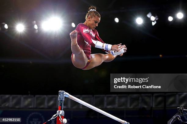 Rebecca Downie of England competes in the Women's Uneven Bars Final at SSE Hydro during day eight of the Glasgow 2014 Commonwealth Games on July 31,...