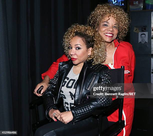 Recording artist Tameka "Tiny" Harris and Jamie Foster Brown, Founder Sister 2 Sister Magazine visit 106 & Park at BET studio on July 30, 2014 in New...