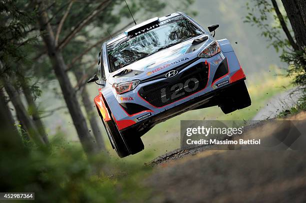 Juho Hanninen of Finland and Tomi Tuominen of Finland compete in their Hyundai Motorsport Hyundai i20 WRC during the Shakedown of the WRC Finland on...