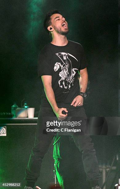 Mike Shinoda of Linkin Park performs onstage at the MTVu Fandom Awards during Comic-Con International 2014 at PETCO Park on July 24, 2014 in San...