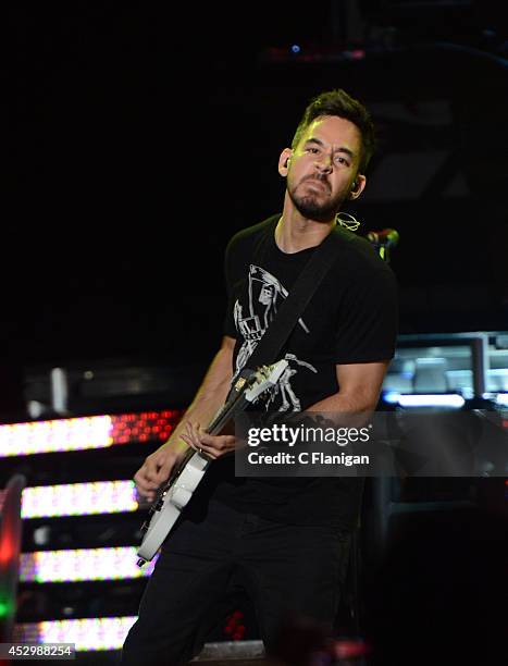 Mike Shinoda of Linkin Park performs onstage at the MTVu Fandom Awards during Comic-Con International 2014 at PETCO Park on July 24, 2014 in San...