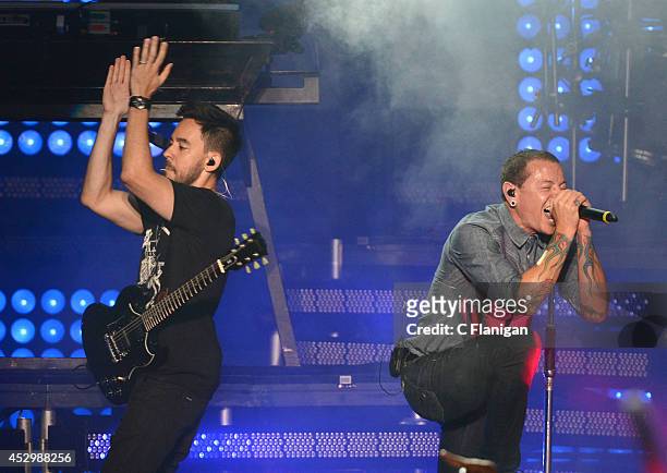 Recording artists Chester Bennington and Mike Shinoda of Linkin Park perform onstage at the MTVu Fandom Awards during Comic-Con International 2014 at...