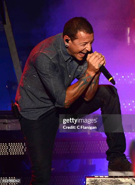 Chester Bennington of Linkin Park performs onstage at the MTVu Fandom Awards during Comic-Con International 2014 at PETCO Park on July 24, 2014 in...