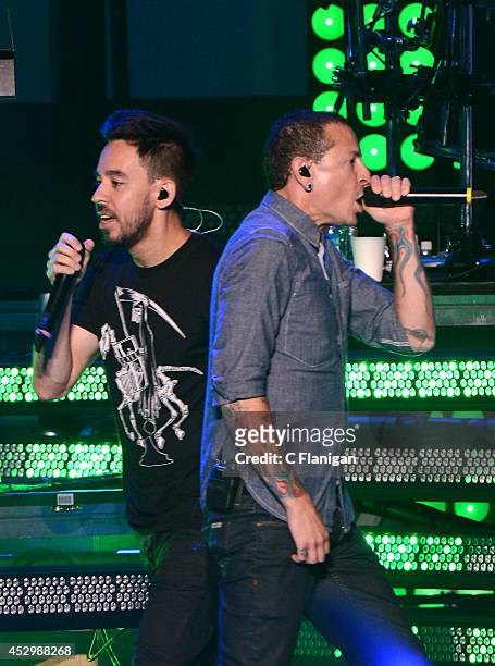 Recording artists Chester Bennington and Mike Shinoda of Linkin Park perform onstage at the MTVu Fandom Awards during Comic-Con International 2014 at...