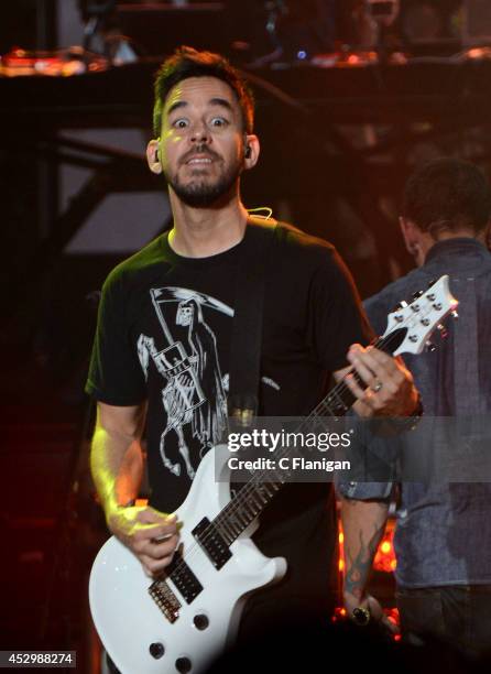 Mike Shinoda of Linkin Park performs onstage at the MTVu Fandom Awards during Comic-Con International 2014 at PETCO Park on July 24, 2014 in San...