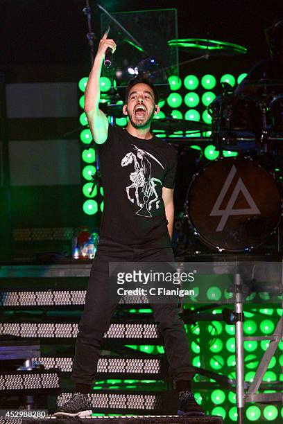 Mike Shinoda of Linkin Park performs onstage at the MTVu Fandom Awards during Comic-Con International 2014 at PETCO Park on July 24, 2014 in San...
