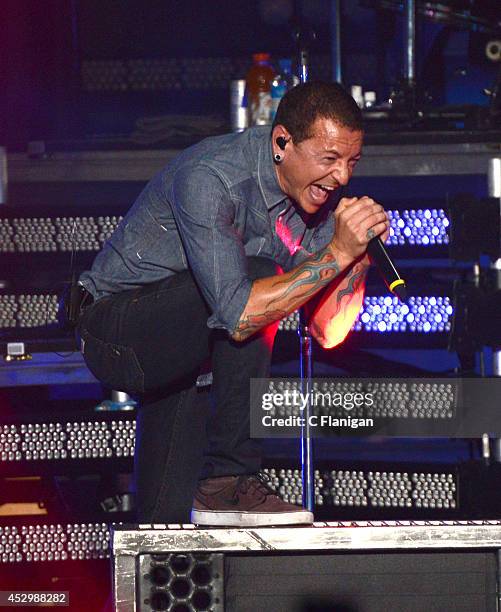 Chester Bennington of Linkin Park performs onstage at the MTVu Fandom Awards during Comic-Con International 2014 at PETCO Park on July 24, 2014 in...