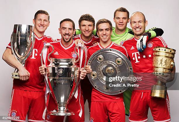 Bayern Muenchen FIFA Ballon d'Or nominees Bastian Schweinsteiger, Franck Ribery, Thomas Mueller, Philipp Lahm, Manuel Neuer and Arjen Robben pose...