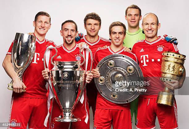 Bayern Muenchen FIFA Ballon d'Or nominees Bastian Schweinsteiger, Franck Ribery, Thomas Mueller, Philipp Lahm, Manuel Neuer and Arjen Robben pose...
