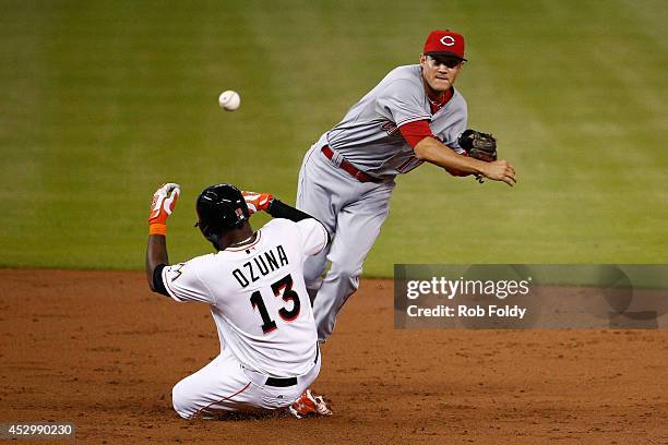 Kris Negron of the Cincinnati Reds turns a double play over Marcell Ozuna of the Miami Marlins during the second inning of the game at Marlins Park...