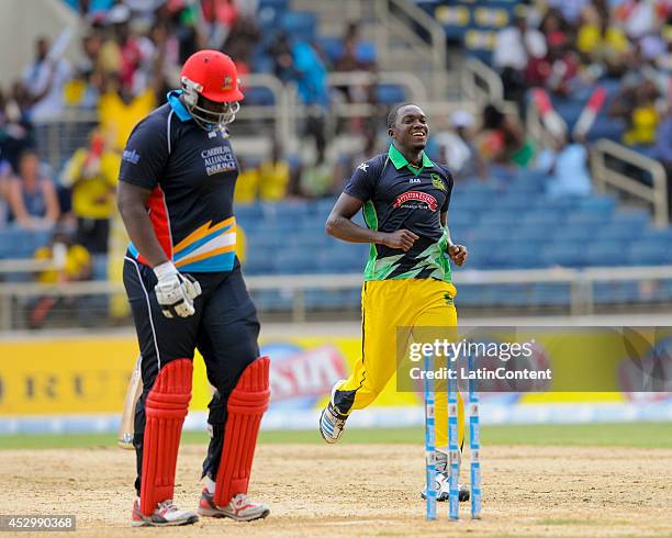 Rahkeem Cornwall lbw by Jerome Taylor of Jamaica Tallawahs during a match between Jamaica Tallawahs and Antigua Hawksbills as part of the week 4 of...