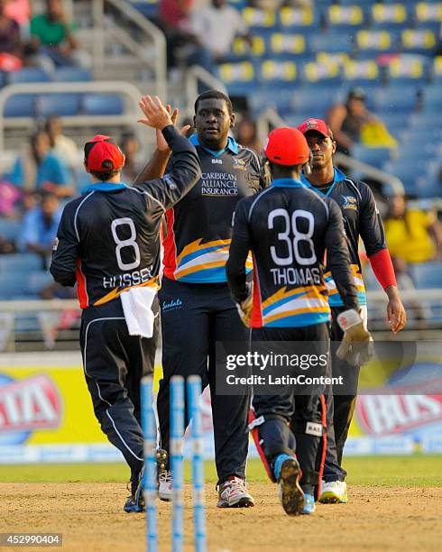 Rahkeem Cornwall of Antigua Hawksbills celebrates Jermaine Blackwood of Jamaica Tallawahs out during a match between Jamaica Tallawahs and Antigua...