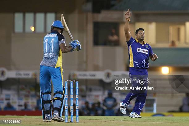 Ravi Rampaul dismisses Keddy Lesporis during a match between St. Lucia Zouks and Barbados Tridents as part of week 4 of the Limacol Caribbean Premier...