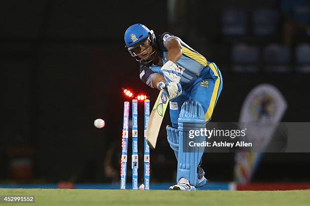 Henry Davids is clean bowled by Kyle Mayers during a match between St. Lucia Zouks and Barbados Tridents as part of week 4 of the Limacol Caribbean...