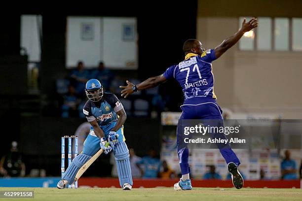 Kyle Mayers gets Andre Fletcher out LBW during a match between St. Lucia Zouks and Barbados Tridents as part of week 4 of the Limacol Caribbean...