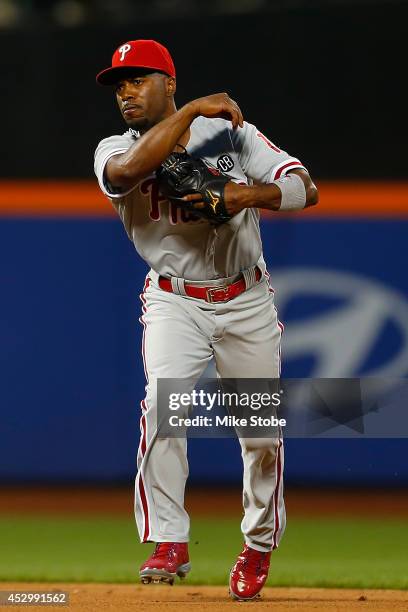 Jimmy Rollins of the Philadelphia Phillies in action against the New York Mets on July 28, 2014 at Citi Field in the Flushing neighborhood of the...