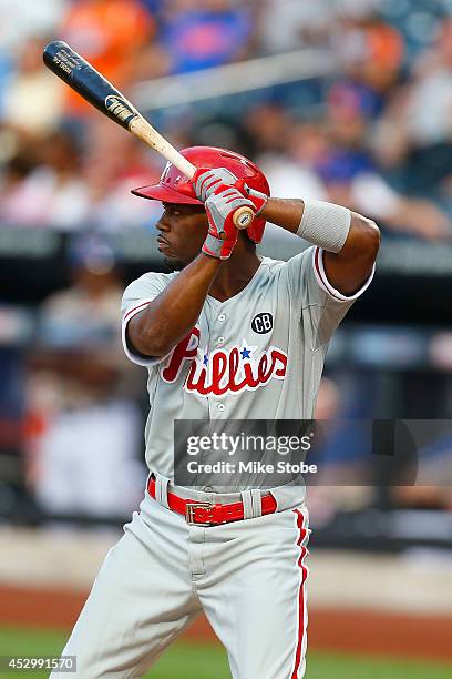 Jimmy Rollins of the Philadelphia Phillies in action against the New York Mets on July 28, 2014 at Citi Field in the Flushing neighborhood of the...