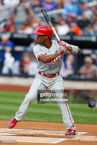 Jimmy Rollins of the Philadelphia Phillies in action against the New York Mets on July 28, 2014 at Citi Field in the Flushing neighborhood of the...