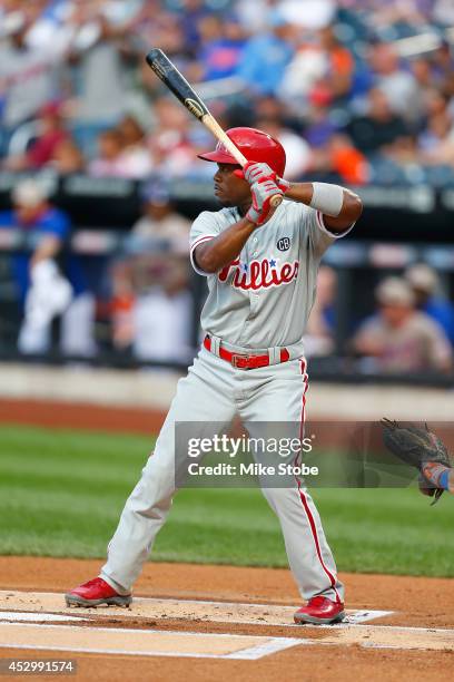 Jimmy Rollins of the Philadelphia Phillies in action against the New York Mets on July 28, 2014 at Citi Field in the Flushing neighborhood of the...