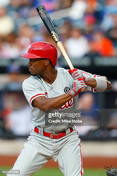 Jimmy Rollins of the Philadelphia Phillies in action against the New York Mets on July 28, 2014 at Citi Field in the Flushing neighborhood of the...