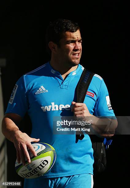 Corey Flynn of the Crusaders arrives at the Crusaders Super Rugby Grand Final Captain's Run at ANZ Stadium on August 1, 2014 in Sydney, Australia.