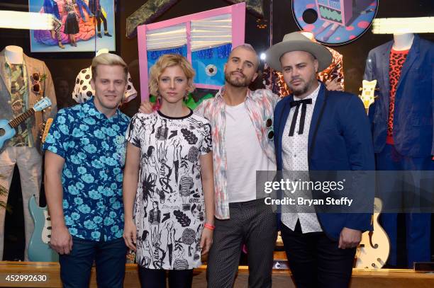 Guitarist Chris Allen, drummer Elaine Bradley, singer/keyboardist Tyler Glenn and bassist Branden Campbell appear at a memorabilia case dedication...