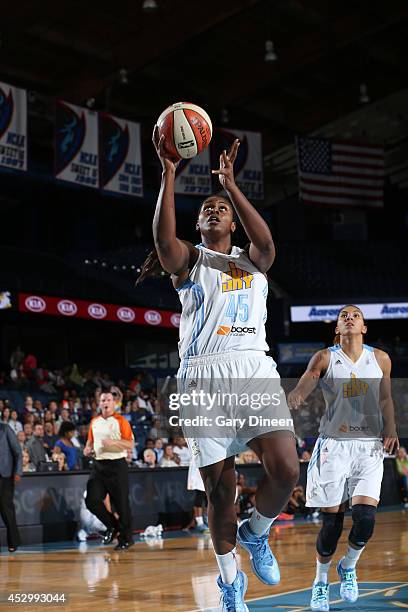 Sasha Goodlett of the Chicago Sky goes to the basket ahead of teammate Courtney Clements during the game against the New York Liberty on July 31,...