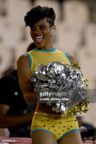 Cheerleader enjoys herself during a match between St. Lucia Zouks and Barbados Tridents as part of week 4 of the Limacol Caribbean Premier League...