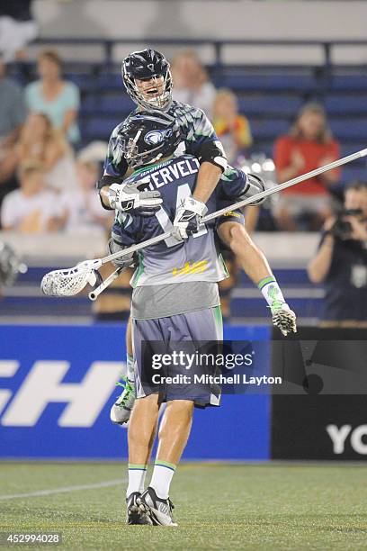 Drew Westervelt of the Chesapeake Bayhawks celabrates a goal in the third period with Jesse Bernhardt during a MLL lacrosse game against the Denver...