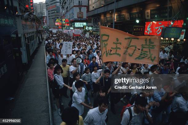 Pro-democracy demonstration in Victoria Park in Causeway Bay, Hong Kong, to show solidarity with victims of the massacre on Tiananmen Square in...