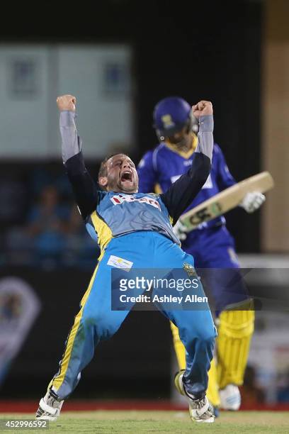 Roelof van der Merwe celebrates the wicket of Shoaib Malik during a match between St. Lucia Zouks and Barbados Tridents as part of week 4 of the...