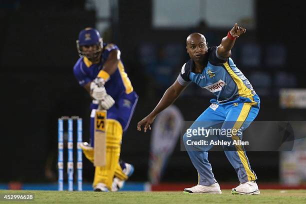 Tino Best appeals for the wicket of Dwayne Smith during a match between St. Lucia Zouks and Barbados Tridents as part of week 4 of the Limacol...