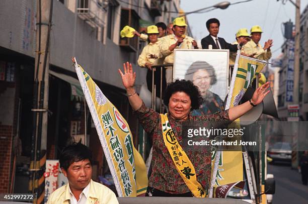 Chen Ju, a DPP candidate, campaigns the streets during the national election in 1991.