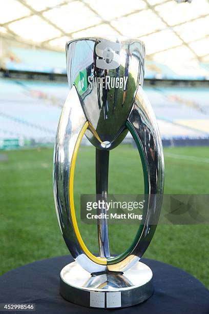 The Super Rugby trophy is displayed during the Super Rugby media opportunity at ANZ Stadium on August 1, 2014 ahead of the Grand Final match tomorrow...