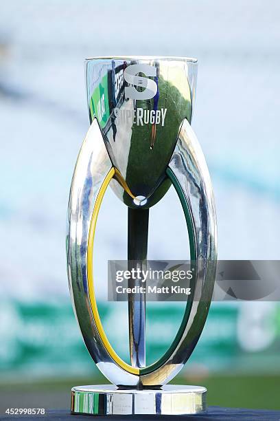 The Super Rugby trophy is displayed during the Super Rugby media opportunity at ANZ Stadium on August 1, 2014 ahead of the Grand Final match tomorrow...