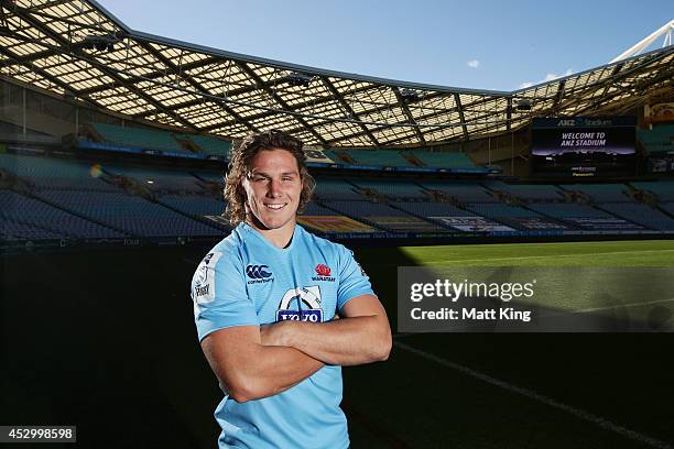 Waratahs captain Michael Hooper poses during the Super Rugby media opportunity at ANZ Stadium on August 1, 2014 ahead of the Grand Final match...