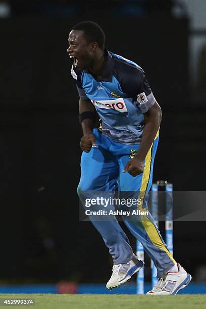 Ray Jordan celebrates during a match between St. Lucia Zouks and Barbados Tridents as part of week 4 of the Limacol Caribbean Premier League 2014 at...