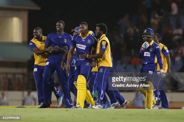 Barbados Tridents celebrate their victory during a match between St. Lucia Zouks and Barbados Tridents as part of week 4 of the Limacol Caribbean...