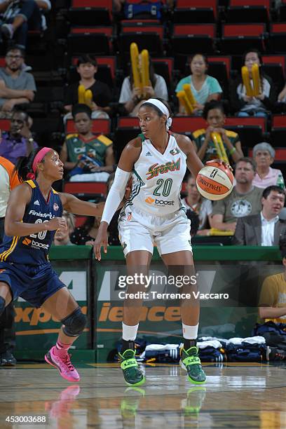 Camille Little of the Seattle Storm handles the ball against the Indiana Fever on July 31,2014 at Key Arena in Seattle, Washington. NOTE TO USER:...