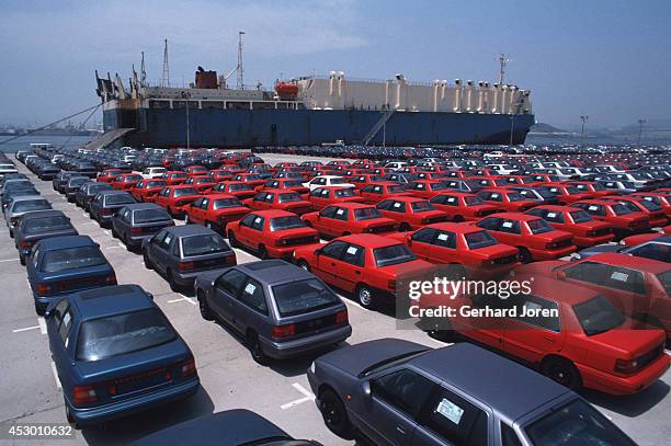 Hyundai cars, ready for export to Europe and the USA, at the Hyundai Motor Company in Ulsan.