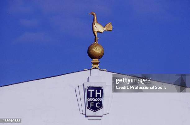The famous Tottenham Hotspur cockerel on the old East Stand at White Hart Lane in North London, circa 1980.