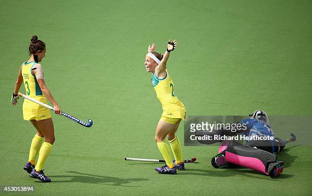 Emily Smith of Australia celebrates scoring the first goal in the Women's Hockey Semi Final between South Africa and Australia at Glasgow National...