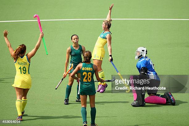 Kellie White of Australia celebrates scoring the second goal in the Women's Hockey Semi Final between South Africa and Australia at Glasgow National...