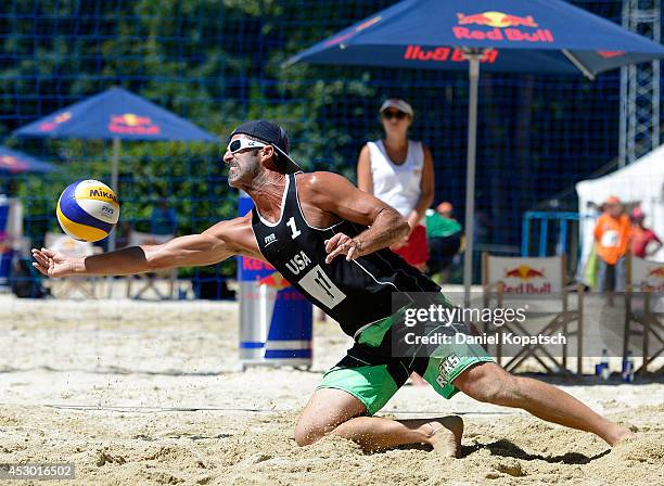 Todd Rogers of the United States receives the ball during the FIVB Klagenfurt A1 Grand Slam match between the United States and Italy on August 1,...