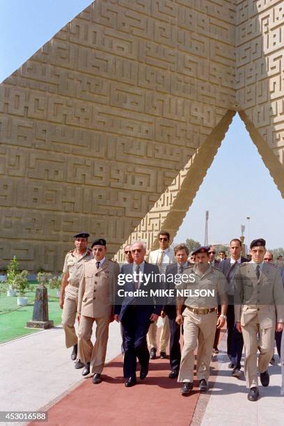 Israeli Defense Minister Yitzhak Rabin arrives to lay a wreath on former Egyptian President Anwar Sadat's tomb on September 18, 1989. Sadat was...