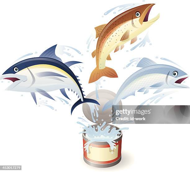 canned fishes - fish jumping stock illustrations