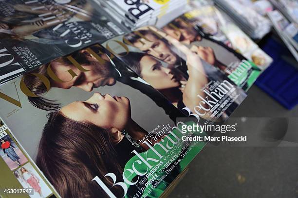 Close-up on the two Vogue magazine 'Victoria and David Beckham' French covers for the latest issue of the magazine which are displayed for sale on...